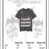 A t-shirt size chart showing the sizes of each item.